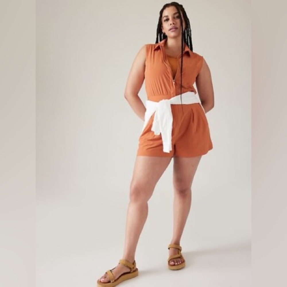 Athleta Sleeveless Collared Romper in Terracotta Orange - Picture 2 of 13